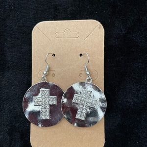 Silver earrings with bling cross